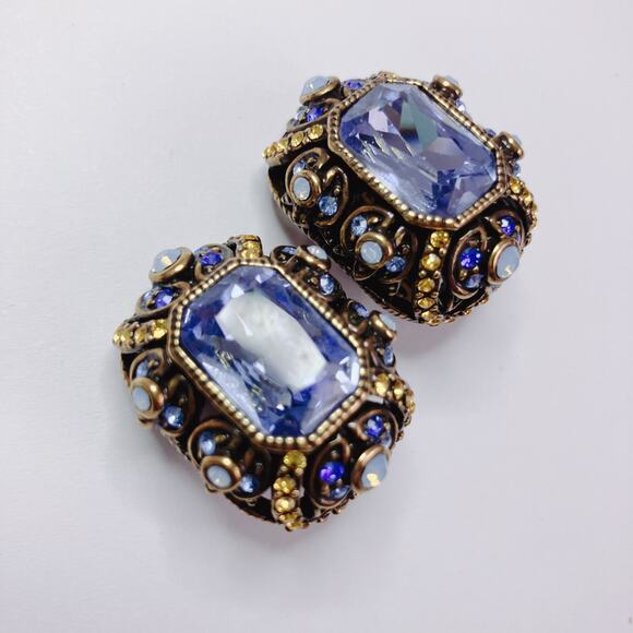 Signed Heidi Daus Faceted Blue Rhinestone Clip On Earrings Domed Baroque Revival - Picture 5 of 12